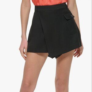 DKNY Asymmetrical Wrap Skirt-Short Skort Black Size 14 NWOT Stretch Twill Pocket